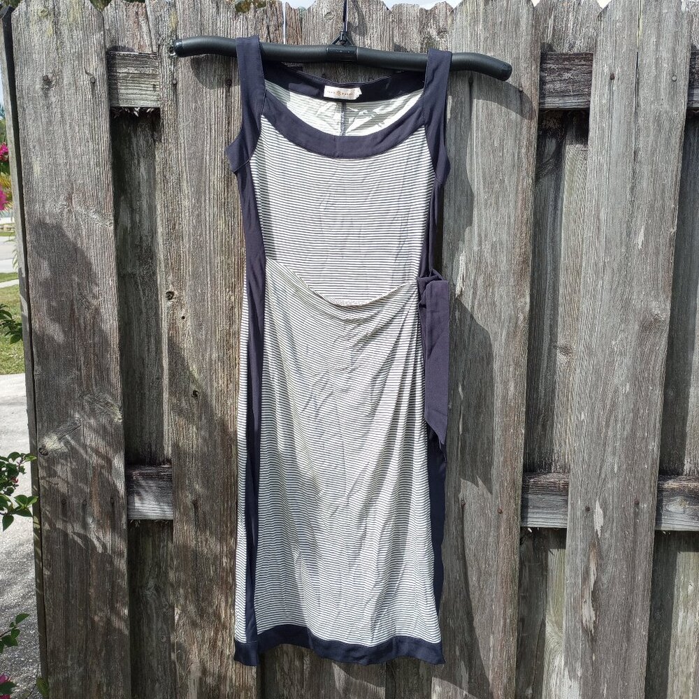 TORY BURCH Striped Rayon Wrap Dress Ivory Navy